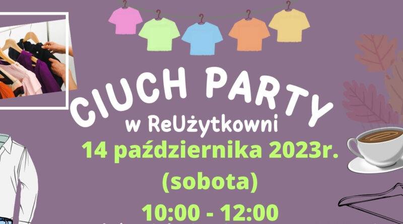 grafika przedstawia ubrania wiszące na wieszakach i filiżankę kawy. Jest zaproszeniem na Ciuch Party w Reużytkowni 14 października 2023 roku w godzinach od 10 do 12